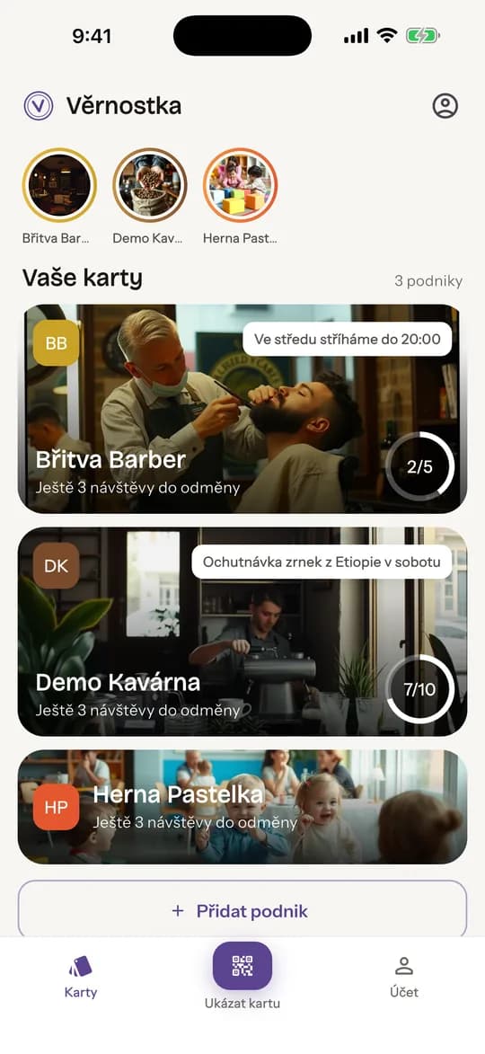 Appka Věrnostka, úvodní obrazovka: stories podniků a karty s fotkou a počtem razítek