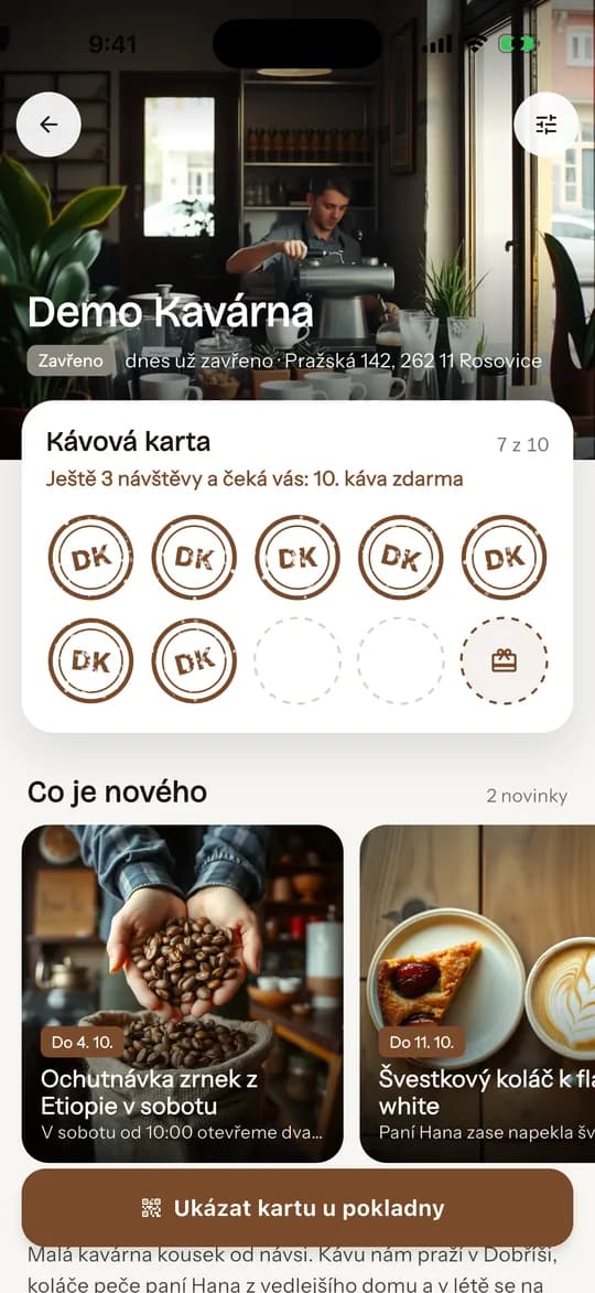 Zákaznická karta — Demo Kavárna (skutečná obrazovka aplikace)