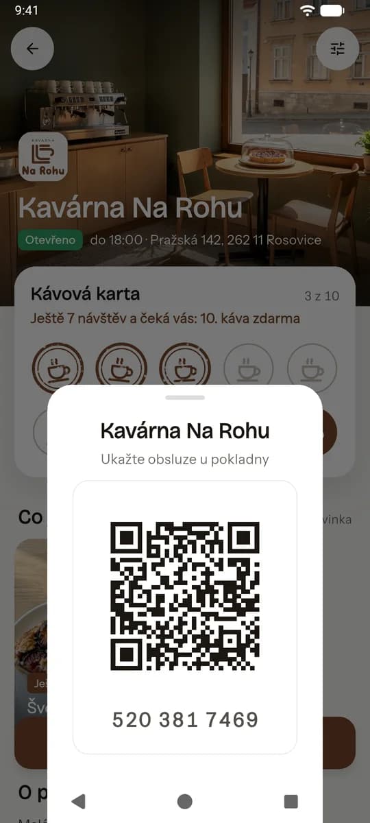 Karta Kavárny Na Rohu v appce s QR kódem a číslem karty pro obsluhu u pokladny