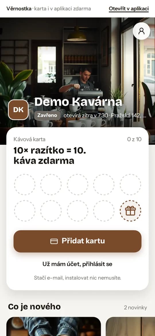 Stránka Demo Kavárny v prohlížeči: prázdná karta na deset razítek a tlačítko Přidat kartu