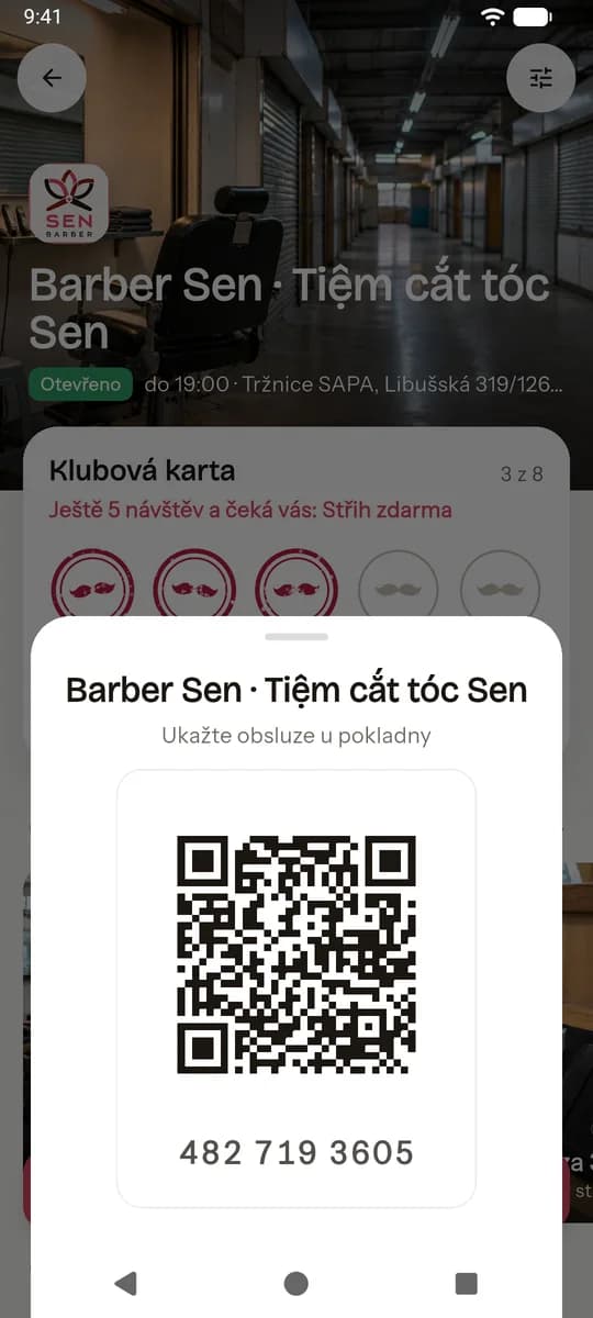 Karta zákazníka Barber Sen v appce s QR kódem pro obsluhu