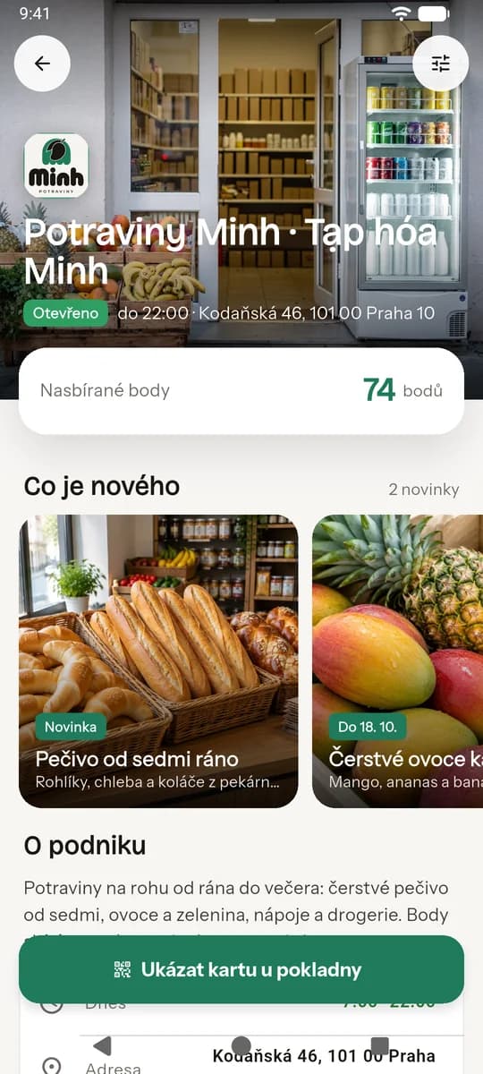 Karta Potravin Minh: body za nákup, novinky s pečivem a ovocem a tlačítko Ukázat kartu u pokladny