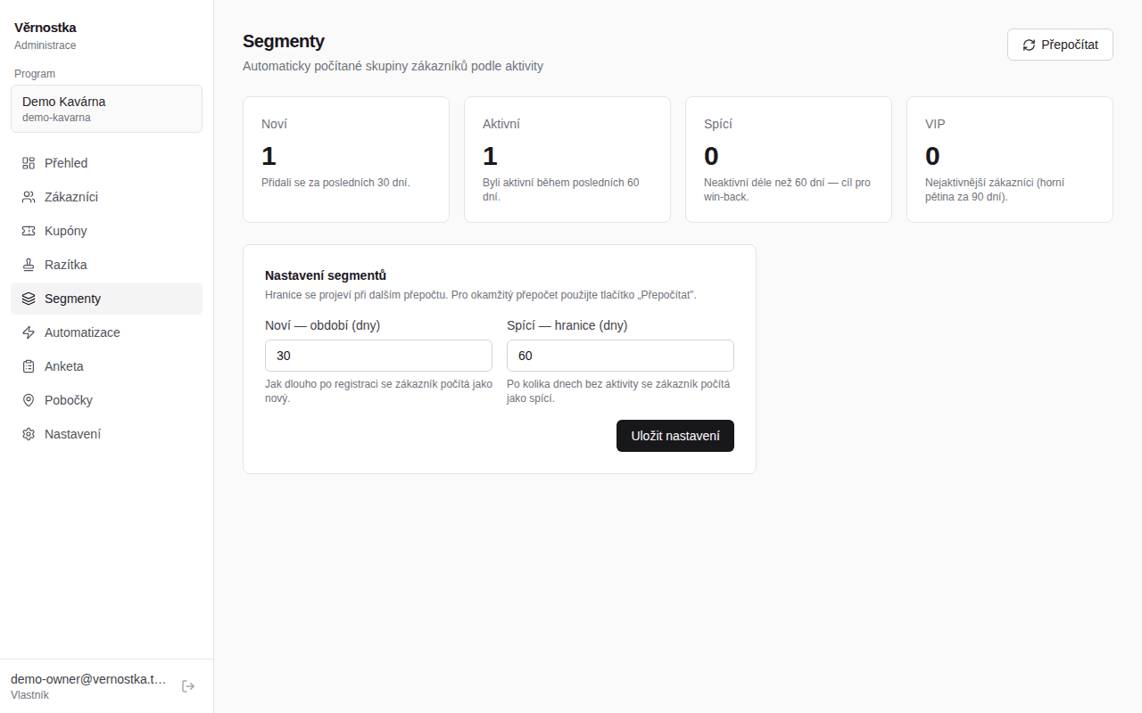 Administrace — segmenty Noví/Aktivní/Spící/VIP (skutečná obrazovka)