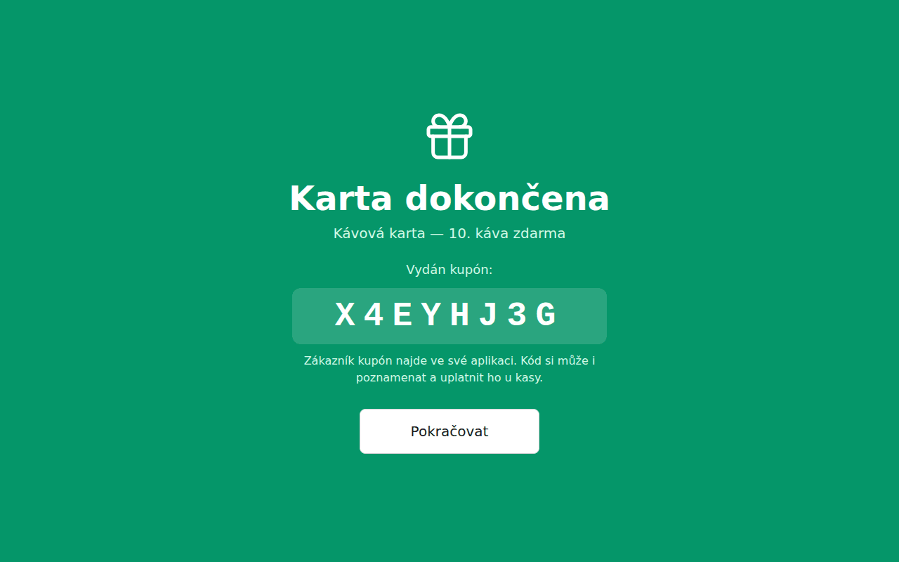 Kasa — oslava dokončené karty: 10. káva zdarma, vydán kupón (skutečná obrazovka)