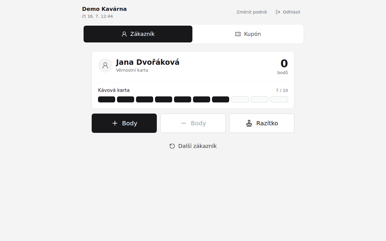 Kasa pro obsluhu — skutečná obrazovka aplikace