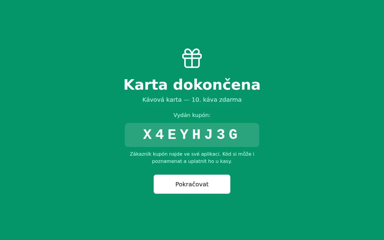 Webový Pult — oslava dokončené karty: 10. káva zdarma, vydán kupón (skutečná obrazovka)