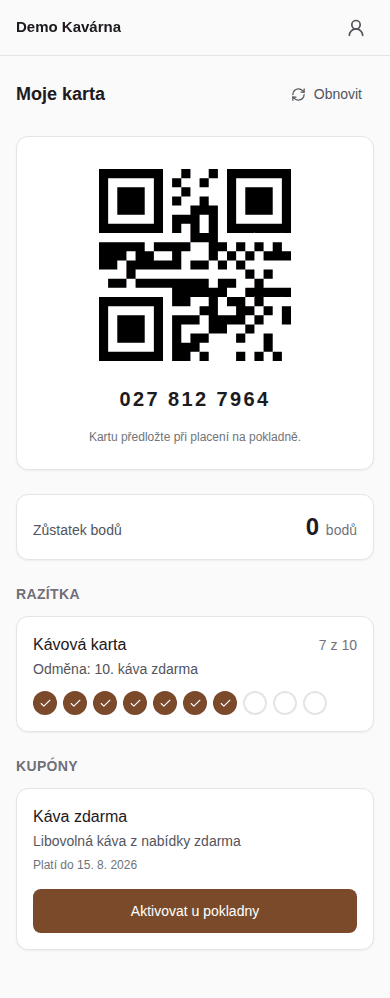 Zákaznická karta — Demo Kavárna (skutečná obrazovka aplikace)
