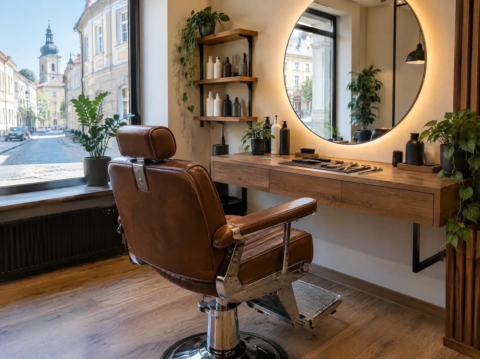Barbershop s křeslem a zrcadlem