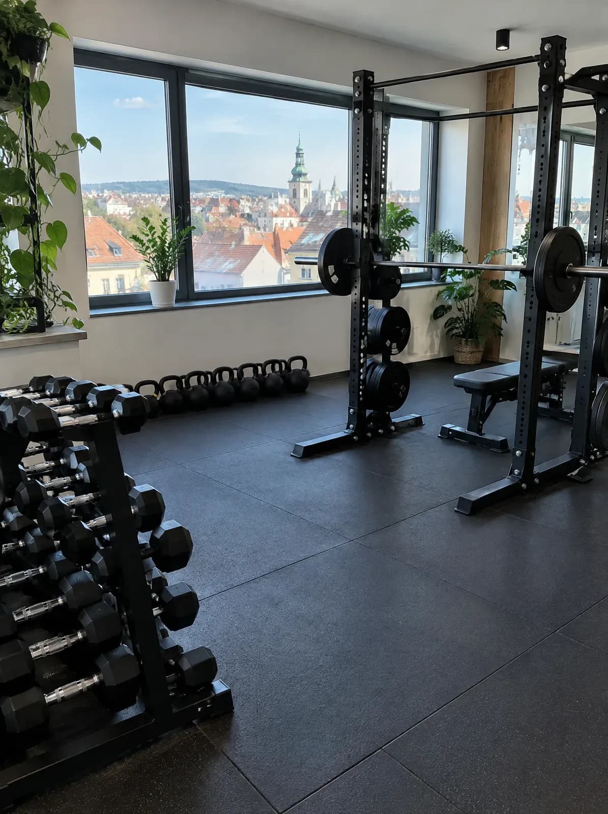 Fitness studio s činkami a velkými okny